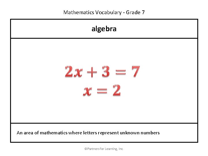 Mathematics Vocabulary - Grade 7 algebra An area of mathematics where letters represent unknown