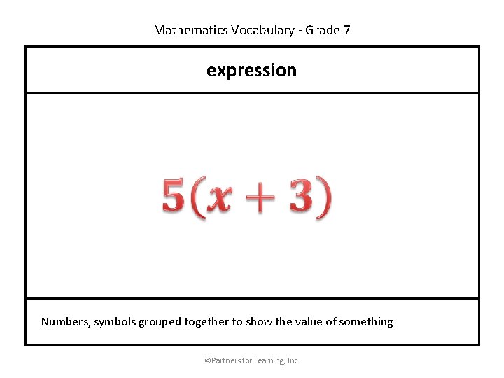 Mathematics Vocabulary - Grade 7 expression Numbers, symbols grouped together to show the value