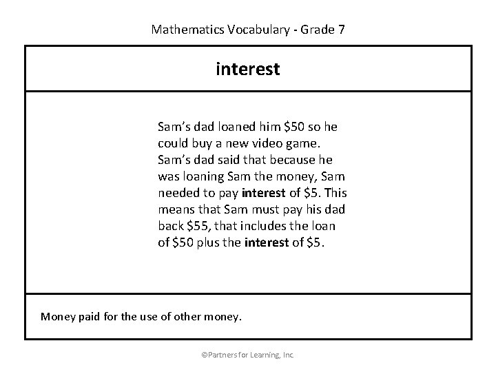 Mathematics Vocabulary - Grade 7 interest Sam’s dad loaned him $50 so he could