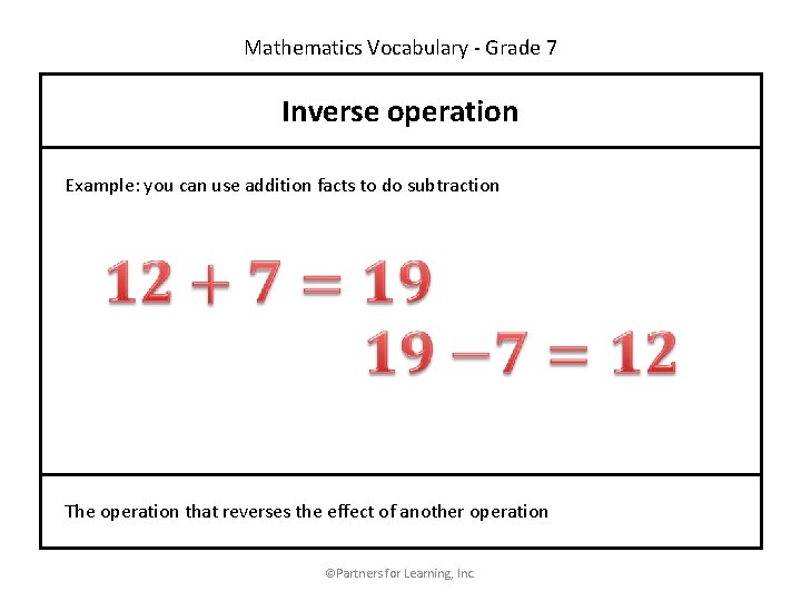 Mathematics Vocabulary - Grade 7 Inverse operation Example: you can use addition facts to