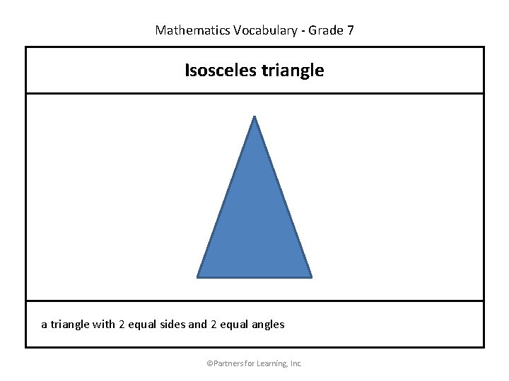 Mathematics Vocabulary - Grade 7 Isosceles triangle a triangle with 2 equal sides and