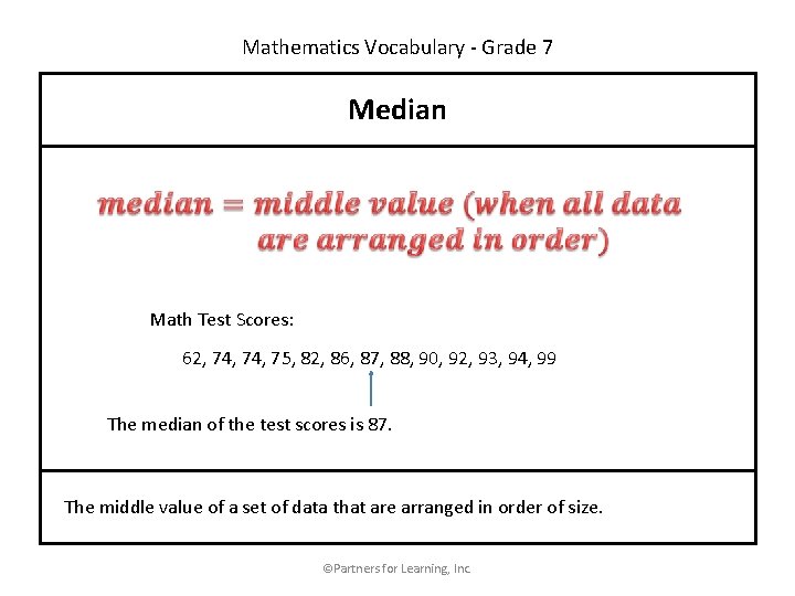 Mathematics Vocabulary - Grade 7 Median Math Test Scores: 62, 74, 75, 82, 86,