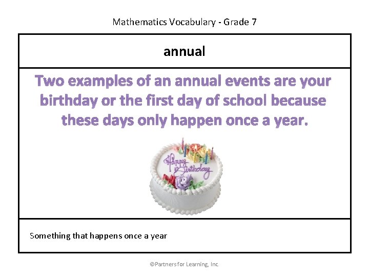 Mathematics Vocabulary - Grade 7 annual Two examples of an annual events are your