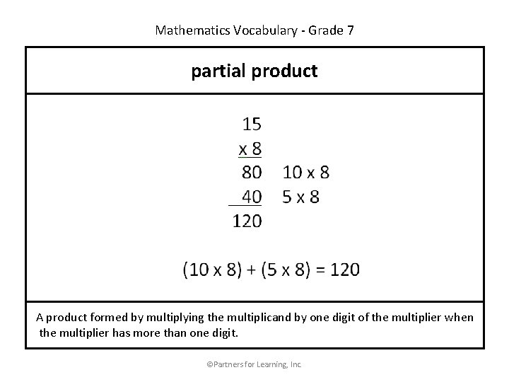 Mathematics Vocabulary - Grade 7 partial product A product formed by multiplying the multiplicand