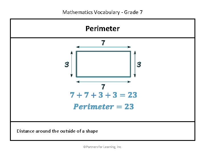 Mathematics Vocabulary - Grade 7 Perimeter Distance around the outside of a shape ©Partners