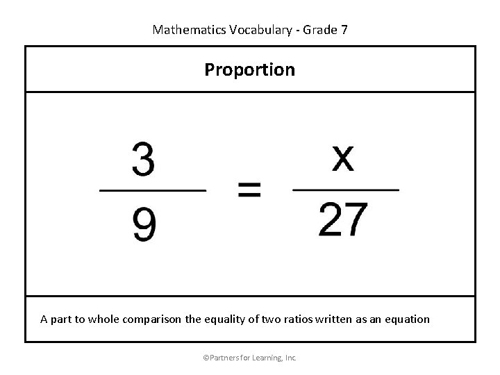 Mathematics Vocabulary - Grade 7 Proportion A part to whole comparison the equality of