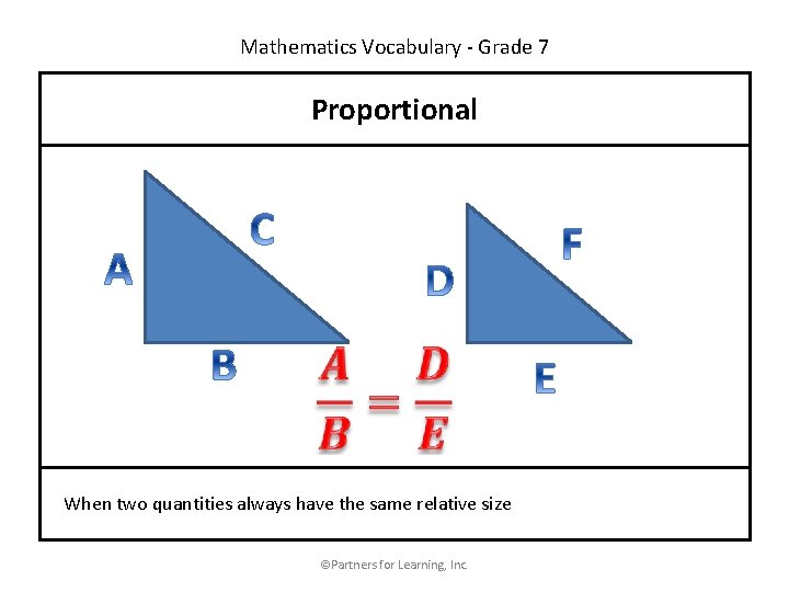 Mathematics Vocabulary - Grade 7 Proportional When two quantities always have the same relative