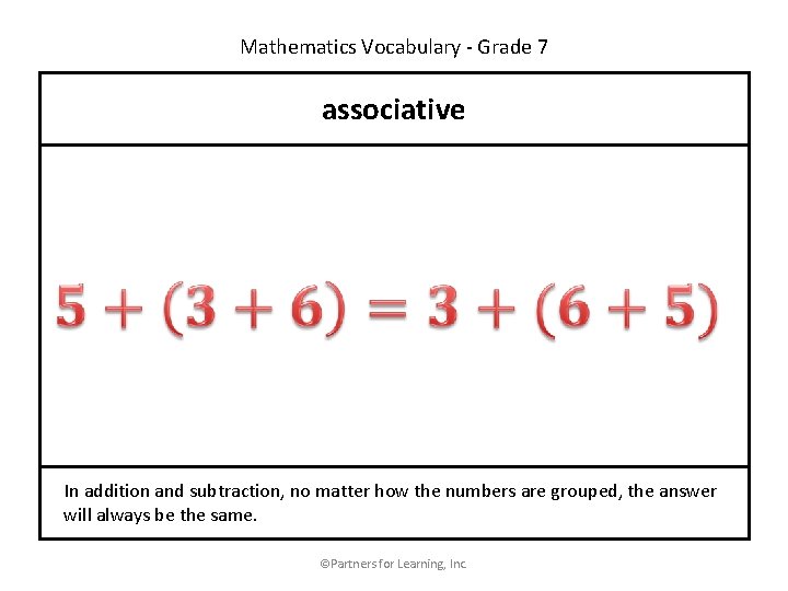 Mathematics Vocabulary - Grade 7 associative In addition and subtraction, no matter how the