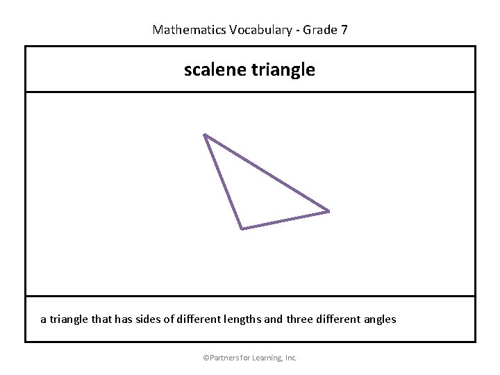 Mathematics Vocabulary - Grade 7 scalene triangle a triangle that has sides of different