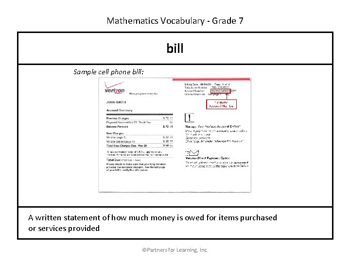 Mathematics Vocabulary - Grade 7 bill Sample cell phone bill: A written statement of