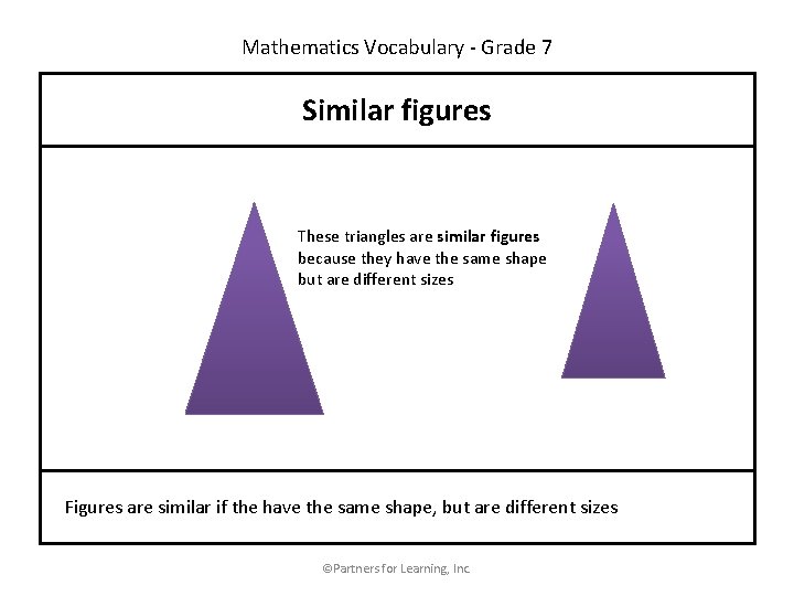 Mathematics Vocabulary - Grade 7 Similar figures These triangles are similar figures because they