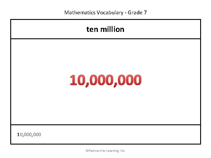 Mathematics Vocabulary - Grade 7 ten million 10, 000, 000 ©Partners for Learning, Inc.