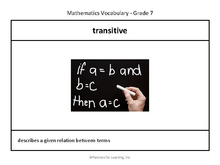 Mathematics Vocabulary - Grade 7 transitive describes a given relation between terms ©Partners for