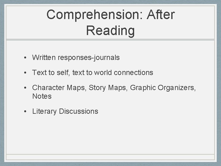 Comprehension: After Reading • Written responses-journals • Text to self, text to world connections