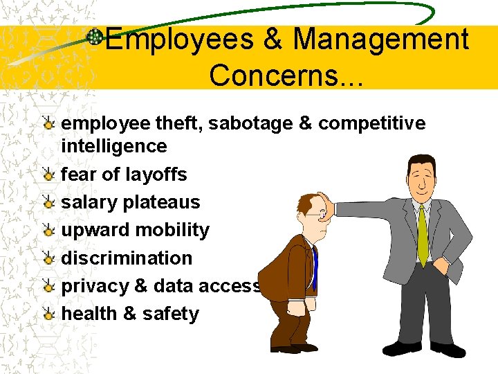 Employees & Management Concerns. . . employee theft, sabotage & competitive intelligence fear of