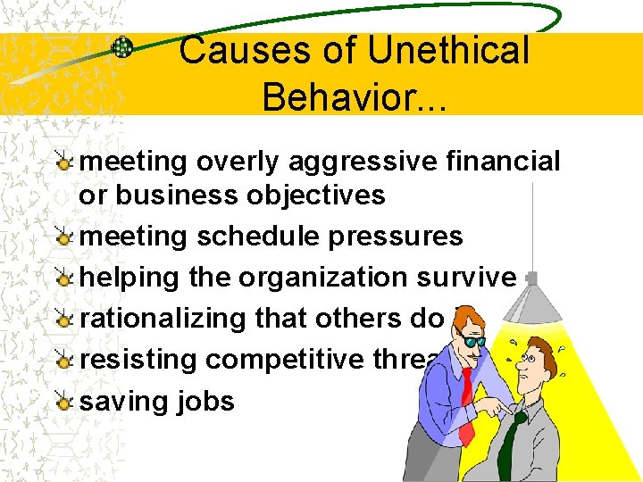 Causes of Unethical Behavior. . . meeting overly aggressive financial or business objectives meeting