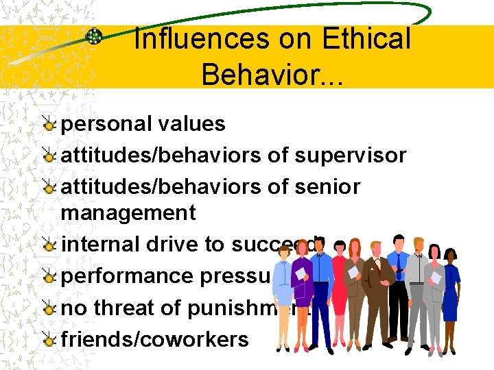 Influences on Ethical Behavior. . . personal values attitudes/behaviors of supervisor attitudes/behaviors of senior