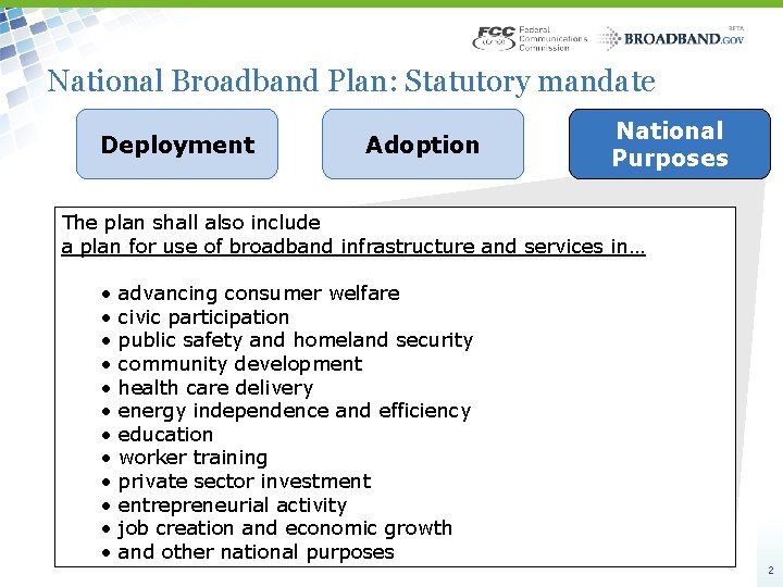 National Broadband Plan: Statutory mandate Deployment Adoption National Purposes The plan shall also include