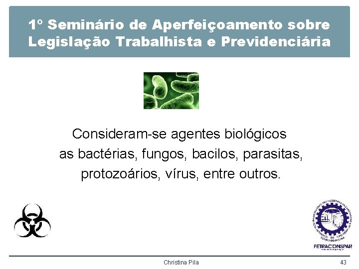1º Seminário de Aperfeiçoamento sobre Legislação Trabalhista e Previdenciária Consideram-se agentes biológicos as bactérias,