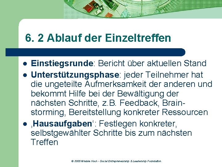 6. 2 Ablauf der Einzeltreffen l l l Einstiegsrunde: Bericht über aktuellen Stand Unterstützungsphase: