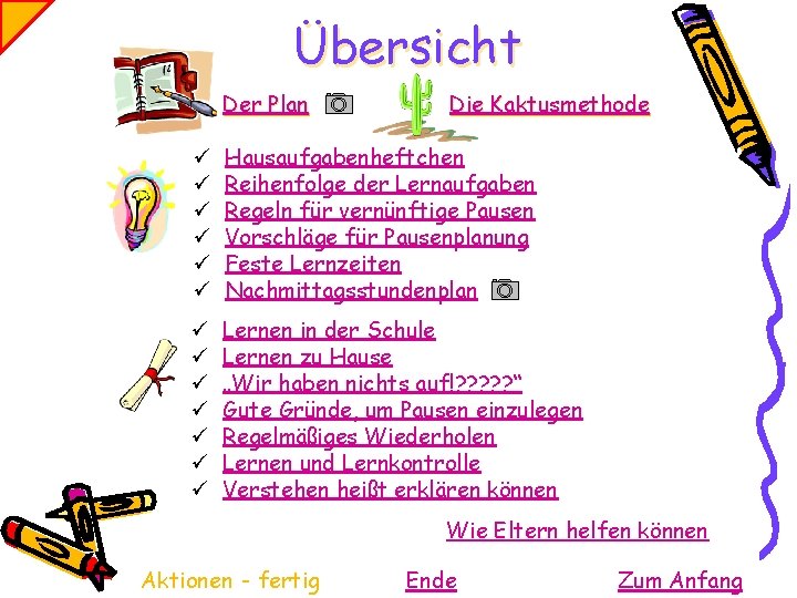 Übersicht Der Plan Die Kaktusmethode ü ü ü Hausaufgabenheftchen Reihenfolge der Lernaufgaben Regeln für