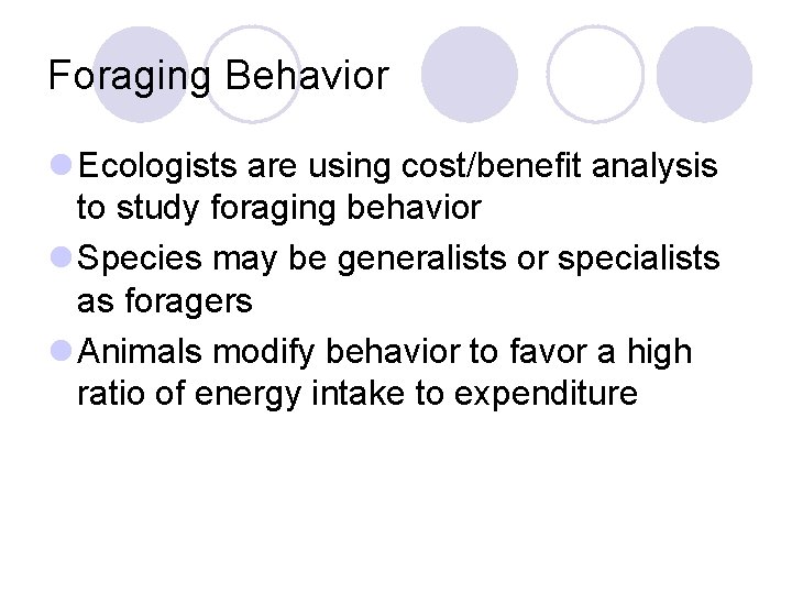 Foraging Behavior l Ecologists are using cost/benefit analysis to study foraging behavior l Species Foraging Behavior l Ecologists are using cost/benefit analysis to study foraging behavior l Species