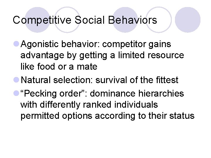 Competitive Social Behaviors l Agonistic behavior: competitor gains advantage by getting a limited resource Competitive Social Behaviors l Agonistic behavior: competitor gains advantage by getting a limited resource