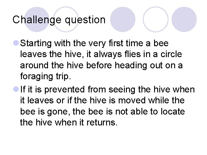Challenge question l Starting with the very first time a bee leaves the hive, Challenge question l Starting with the very first time a bee leaves the hive,