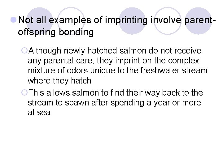 l Not all examples of imprinting involve parentoffspring bonding ¡Although newly hatched salmon do l Not all examples of imprinting involve parentoffspring bonding ¡Although newly hatched salmon do