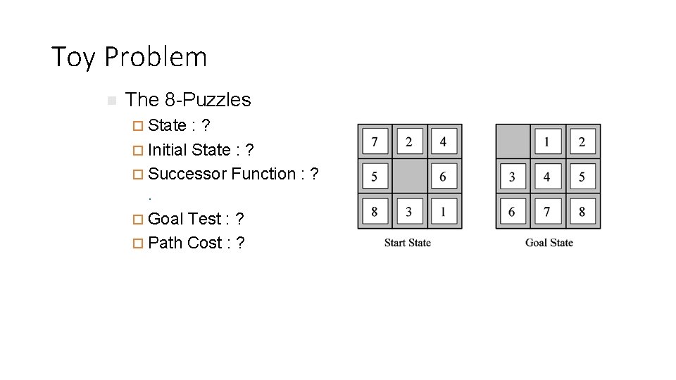 Toy Problem n The 8 -Puzzles ¨ State : ? ¨ Initial State :