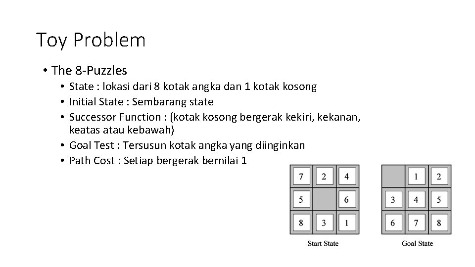 Toy Problem • The 8 -Puzzles • State : lokasi dari 8 kotak angka