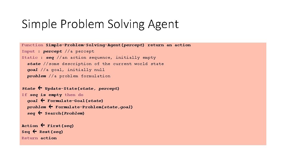 Simple Problem Solving Agent Function Simple-Problem-Solving-Agent(percept) return an action Input : percept //a percept