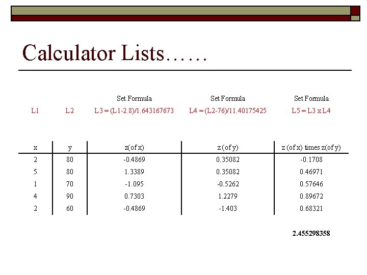 Calculator Lists…… Set Formula L 1 L 2 L 3 = (L 1 -2.