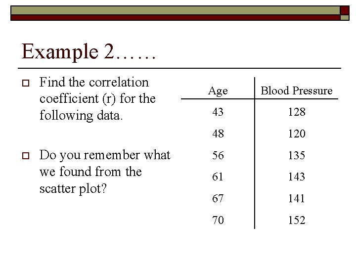 Example 2…… o o Find the correlation coefficient (r) for the following data. Do