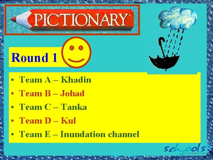 Round 1 • • • Team A – Khadin Team B – Johad Team