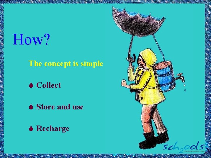 How? The concept is simple S Collect S Store and use S Recharge 