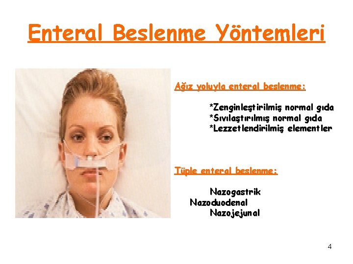 Enteral Beslenme Yöntemleri Ağız yoluyla enteral beslenme: *Zenginleştirilmiş normal gıda *Sıvılaştırılmış normal gıda *Lezzetlendirilmiş