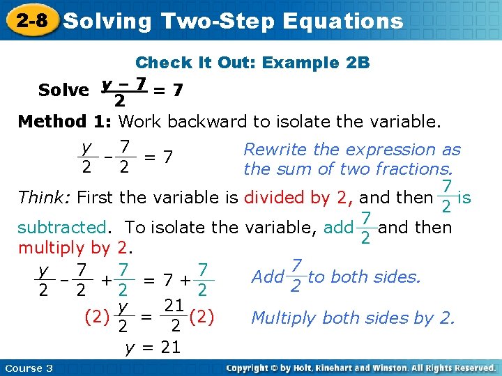 2 -8 Solving Two-Step Equations Check It Out: Example 2 B Solve y – 2 -8 Solving Two-Step Equations Check It Out: Example 2 B Solve y –