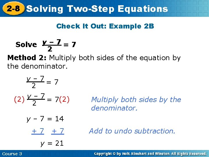 2 -8 Solving Two-Step Equations Check It Out: Example 2 B Solve y –