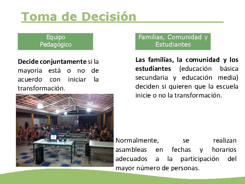 Toma de Decisión Equipo Pedagógico Decide conjuntamente si la mayoría está o no de