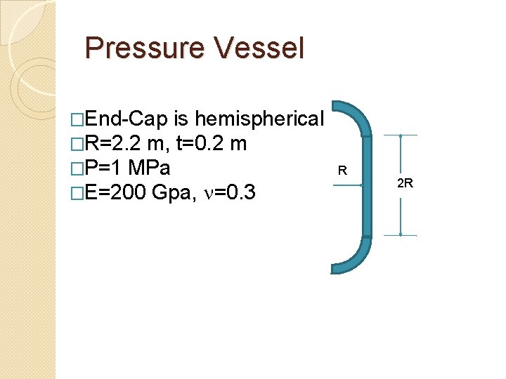 Pressure Vessel �End-Cap is hemispherical �R=2. 2 m, t=0. 2 m �P=1 MPa �E=200