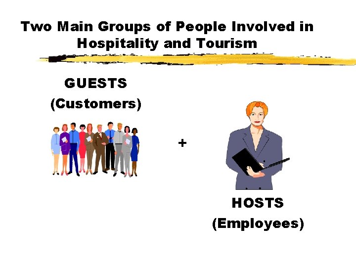 Two Main Groups of People Involved in Hospitality and Tourism GUESTS (Customers) + HOSTS