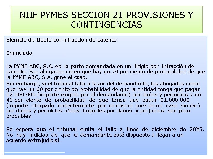 NIIF PYMES SECCION 21 PROVISIONES Y CONTINGENCIAS Ejemplo de Litigio por infracción de patente