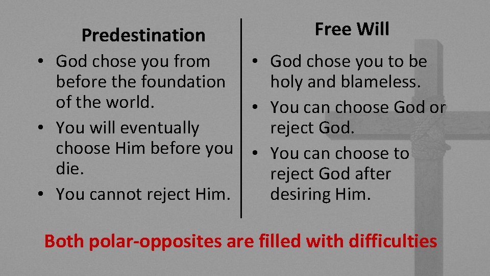 Predestination Free Will • God chose you from • God chose you to be