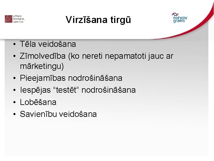 Virzīšana tirgū • Tēla veidošana • Zīmolvedība (ko nereti nepamatoti jauc ar mārketingu) •