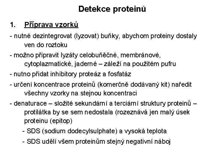 Detekce proteinů 1. Příprava vzorků - nutné dezintegrovat (lyzovat) buňky, abychom proteiny dostaly ven