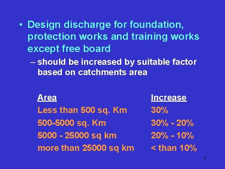 • Design discharge for foundation, protection works and training works except free board • Design discharge for foundation, protection works and training works except free board