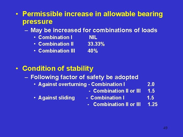 • Permissible increase in allowable bearing pressure – May be increased for combinations • Permissible increase in allowable bearing pressure – May be increased for combinations