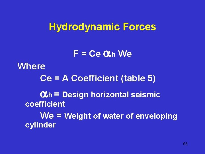 Hydrodynamic Forces F = Ce h We Where Ce = A Coefficient (table 5) Hydrodynamic Forces F = Ce h We Where Ce = A Coefficient (table 5)