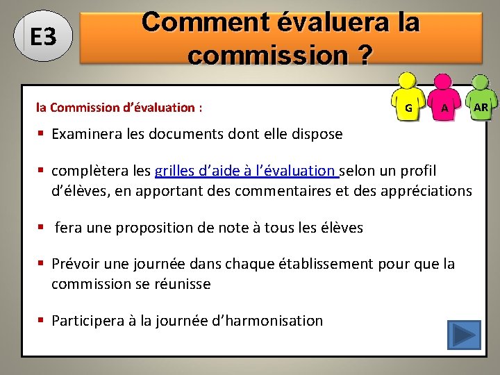 E 3 Comment évaluera la commission ? la Commission d’évaluation : G A §